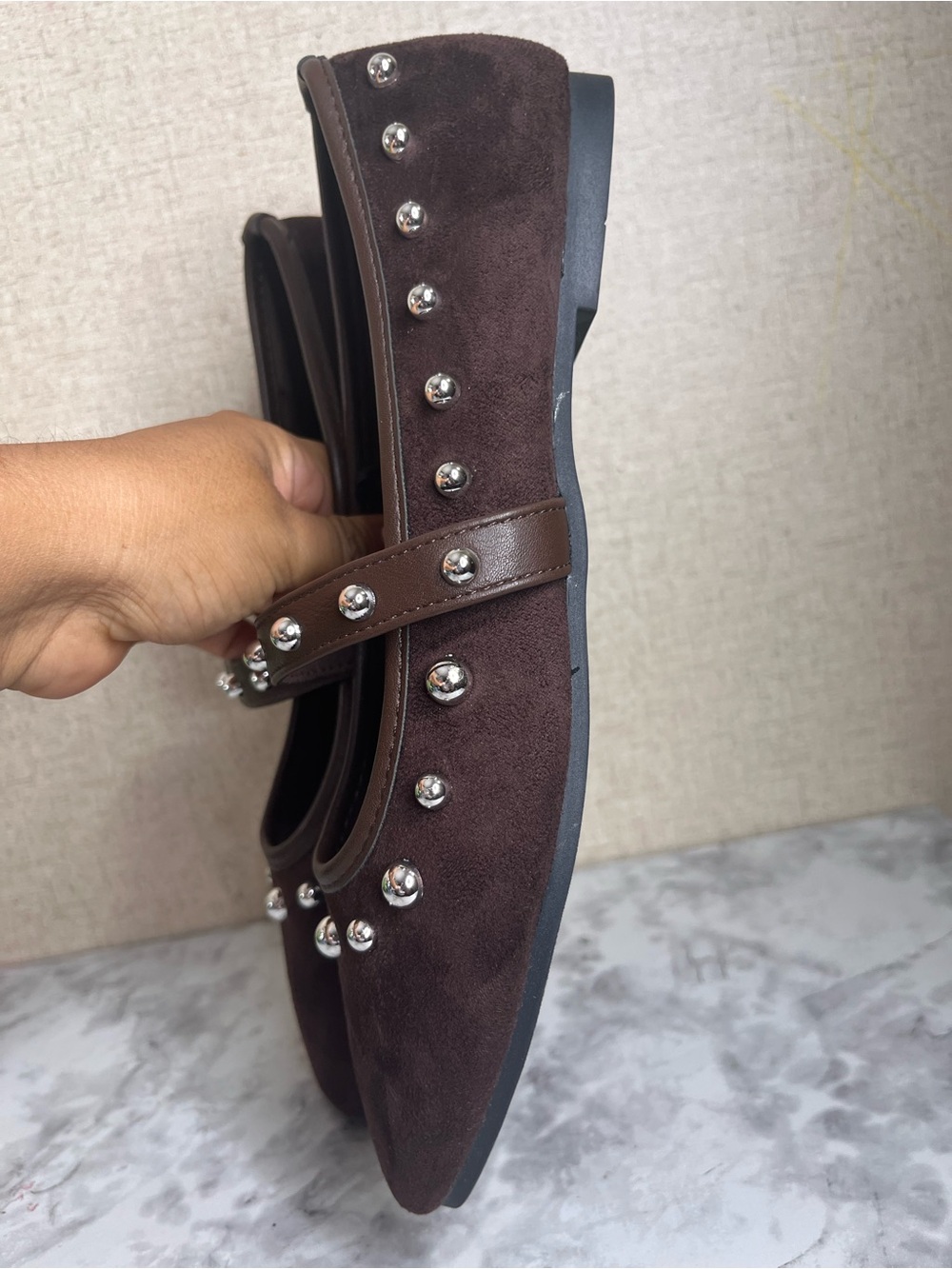 Olivia & Kate Studded Mary Jane Flats in a dark brown faux-suede finish - Picture 7 of 8
